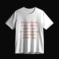 White Bella+Canvas 3001 tee on a near-black studio backdrop, coral italic print reading do not invite me to afters under any circumstances no matter what i say