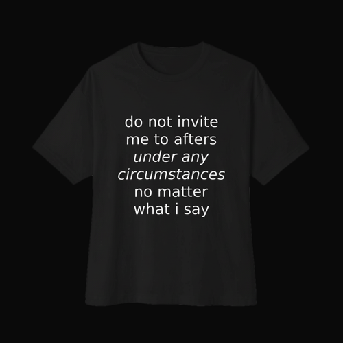 Black oversized boxy tee shown from an alternate angle on a near-black backdrop, white italic print