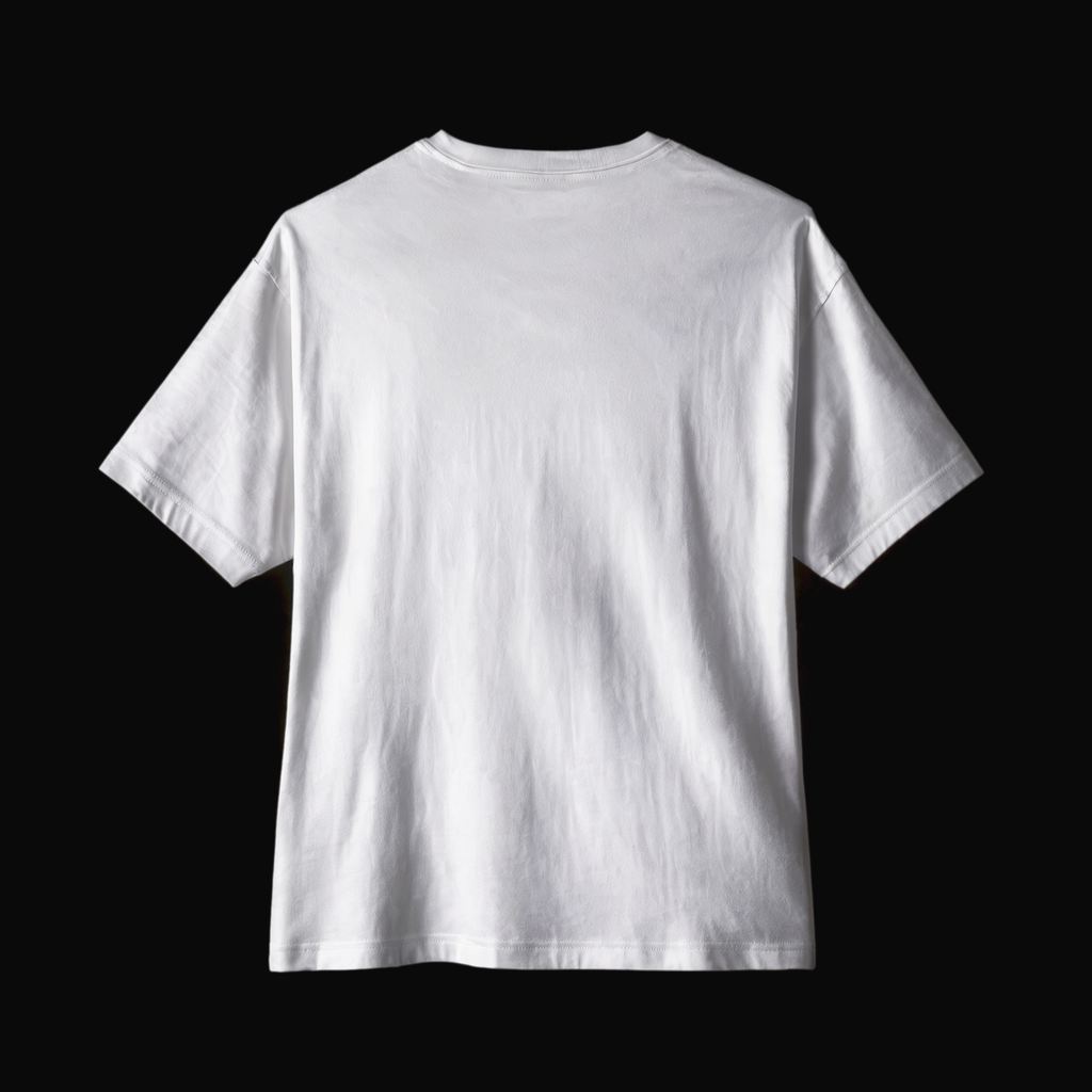 Back of the white oversized boxy tee on a near-black backdrop, clean with no print
