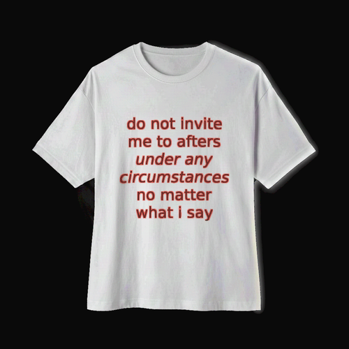 White oversized boxy tee shown from an alternate angle on a near-black backdrop, coral italic print