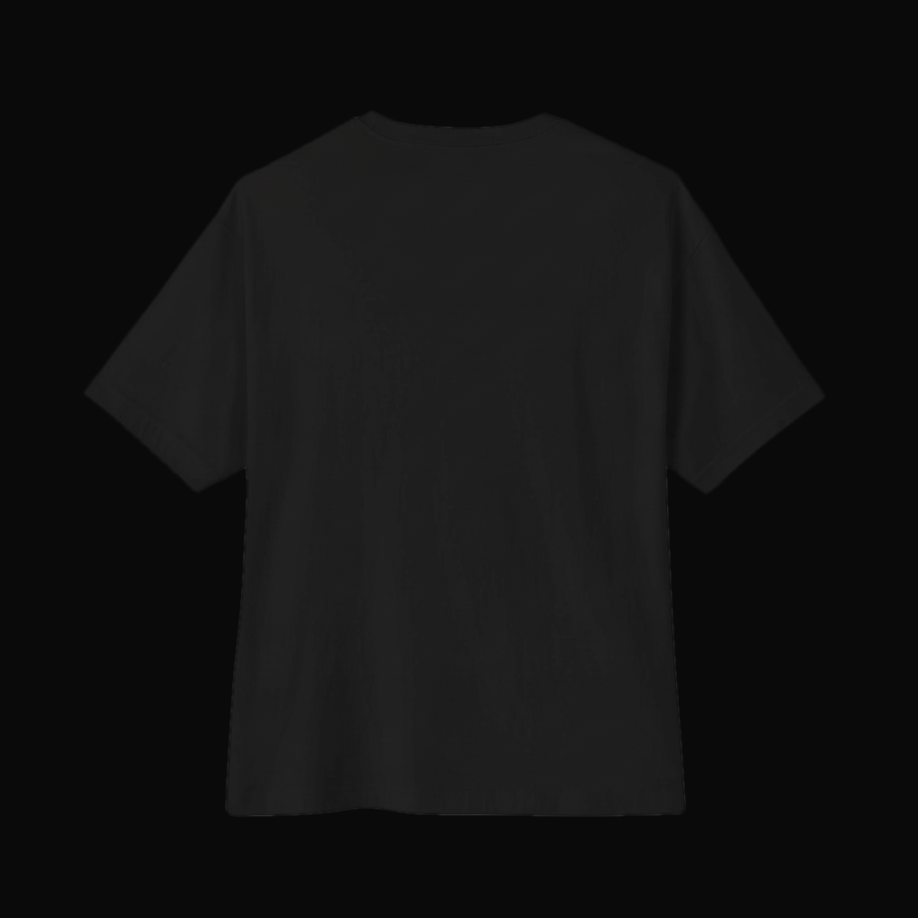 Back of the black oversized boxy tee on a near-black backdrop, clean with no print